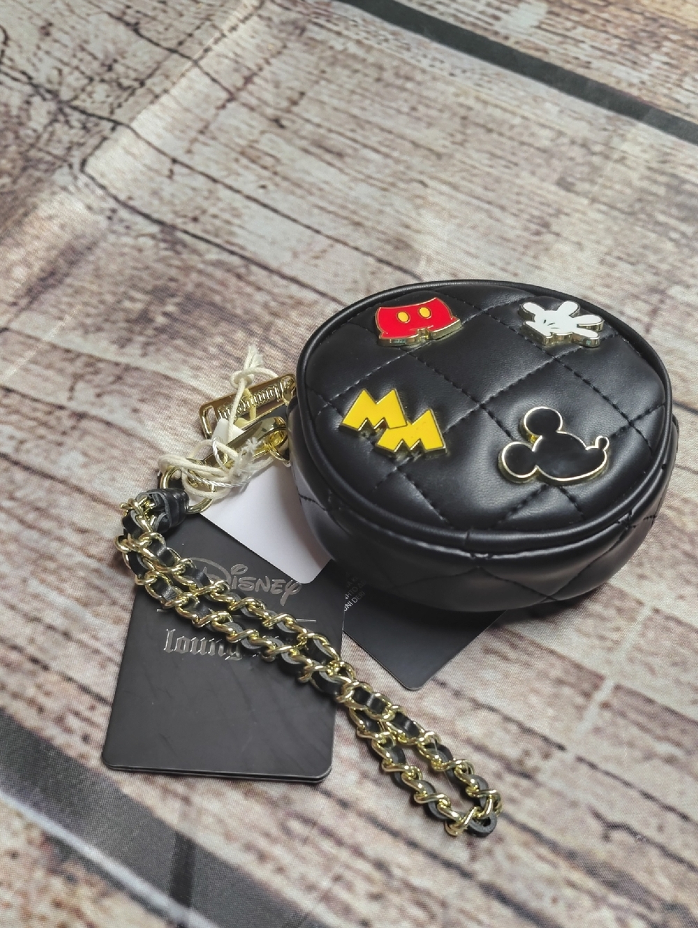 Loungefly Black Quilted Mini Bag with Gold Chain and Disney Pins